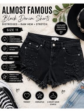 Almost Famous Black Distressed Denim Shorts Size 11 Raw Hem Stretch